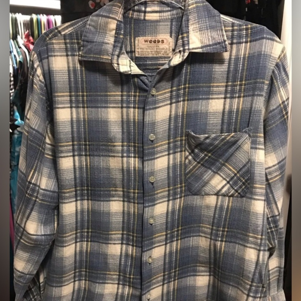Vintage Weeds Cotton Flannel Long Sleeve Button Shirt Plaid Blue